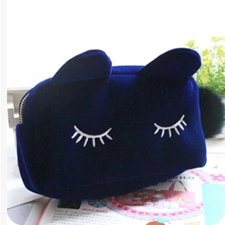 2 PCS Women Lady Cat Makeup Cosmetic Bag Cases Multi-function Purses Handbag (Blue)