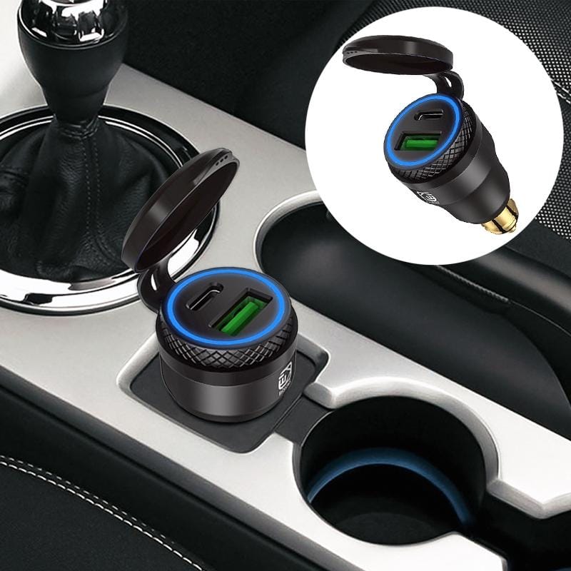 Motorcycle European-style Small-caliber Aluminum Alloy QC 3.0 + PD Fast Charge USB Charger, Shell Color:Black (Blue Light)