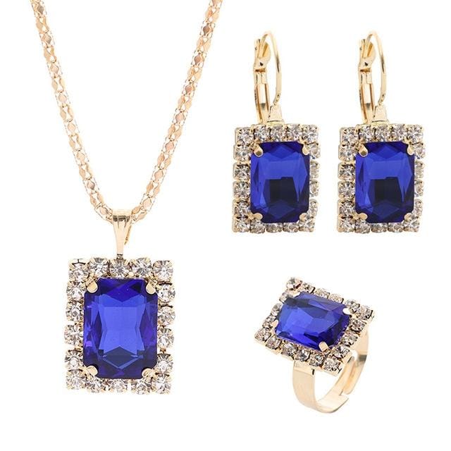 Square Crystal Necklace Earrings Ring For Women Jewelry Sets (Royal Blue)