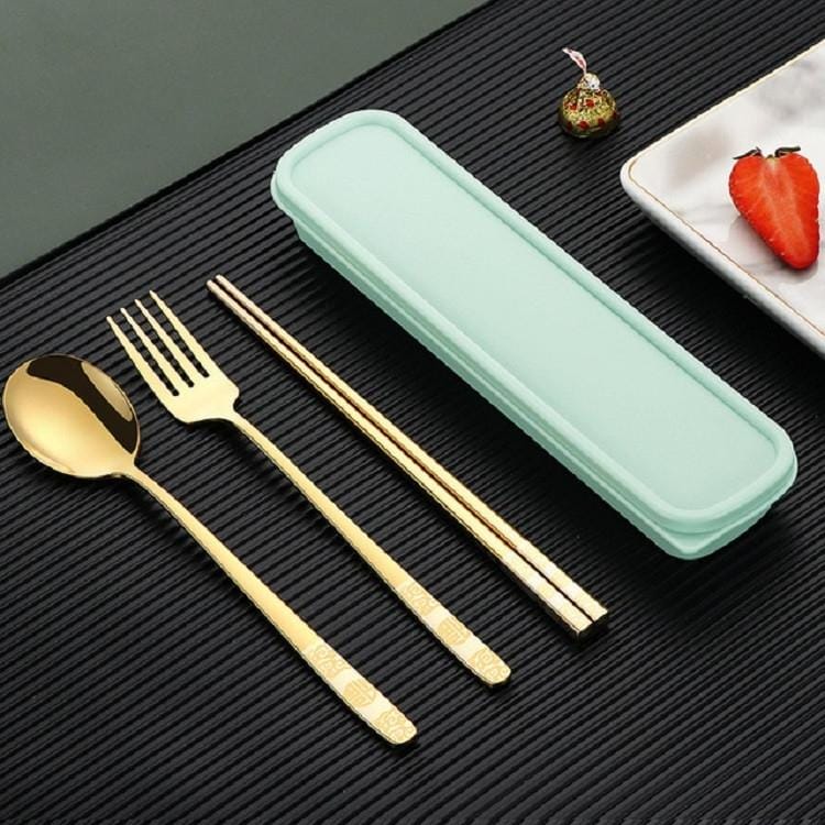 Stainless Steel Tableware Student Office Worker Portable Tableware Set, Specification:3 PCS / Set, Color:Gold