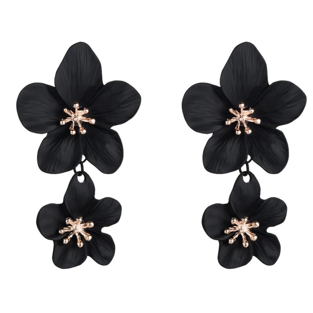 2 PCS Ladies Fashion Geometric Flower Earrings (Black)