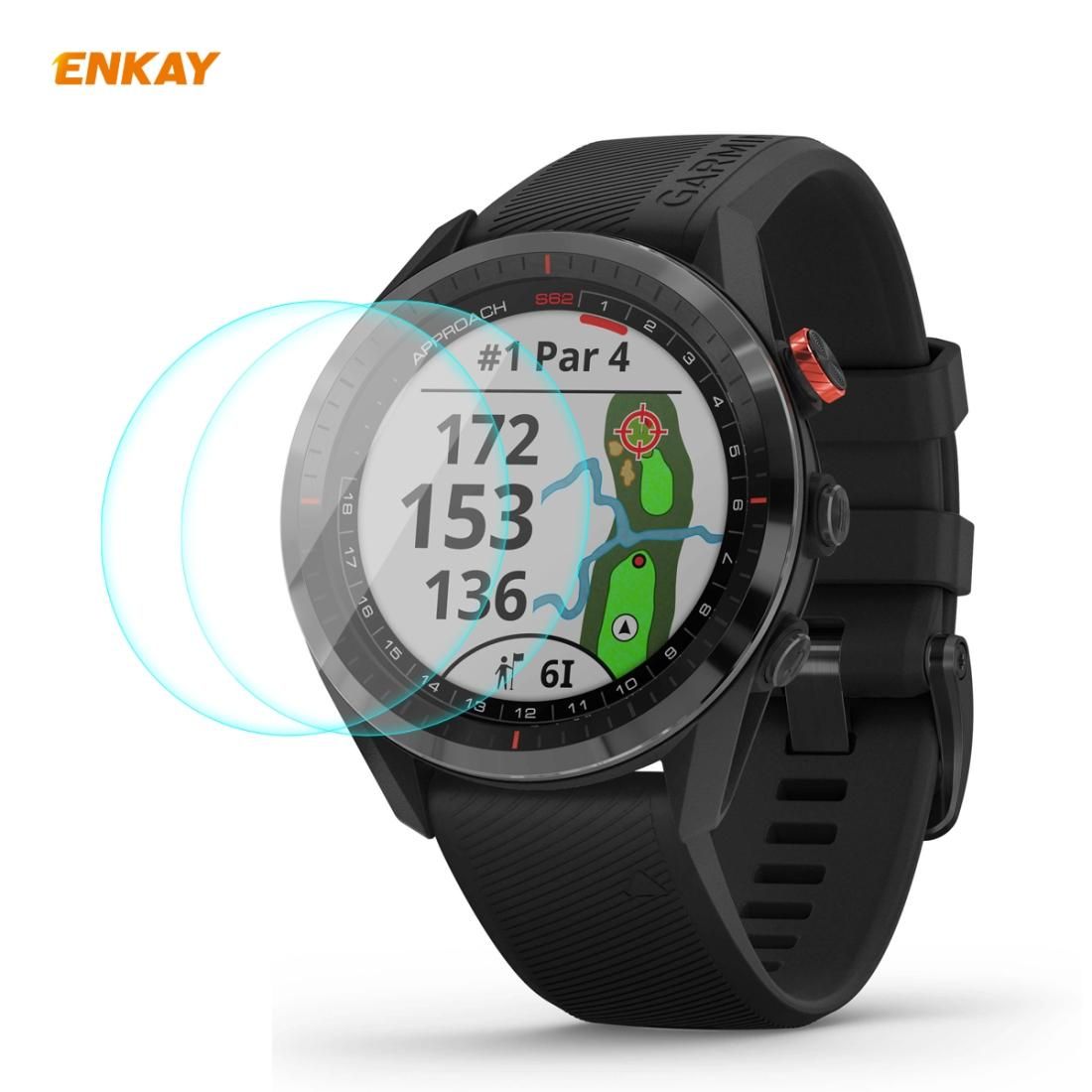 For Garmin Approach S62 2 PCS ENKAY Hat-Prince 0.2mm 9H 2.15D Curved Edge Tempered Glass Screen Protector Watch Film