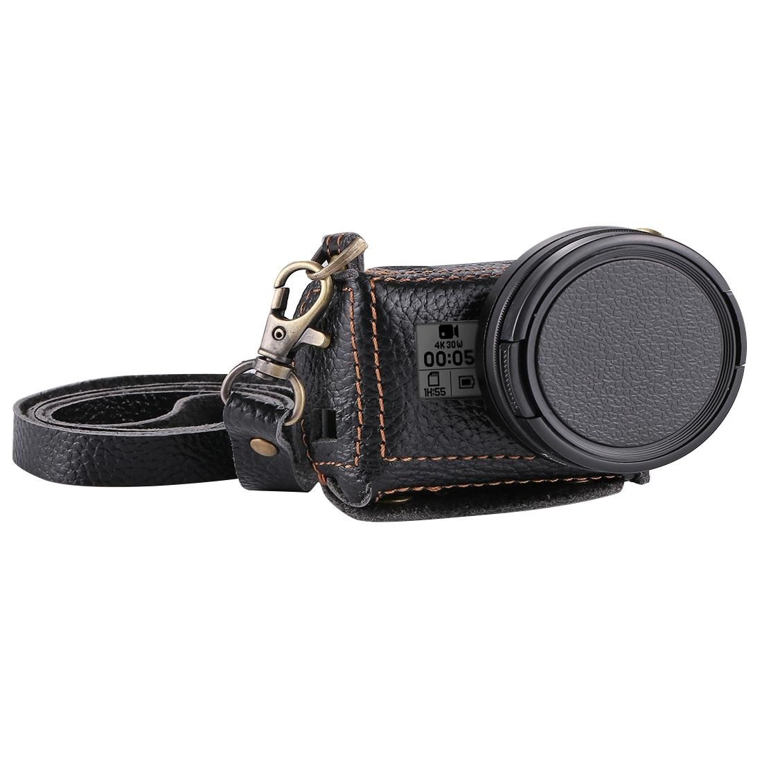 PULUZ for GoPro HERO6 /5 Litchi Texture Genuine Leather Housing Case with Set Key Hole & Neck Strap & 52mm UV Lens (Black)