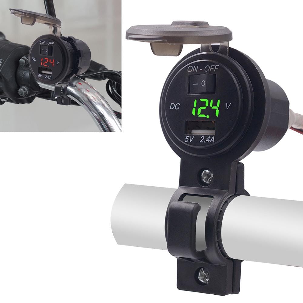 CS-587 12V 2.4A Motorcycle Waterproof Digital Display Voltage Mobile Phone USB Charger Holder (Green)
