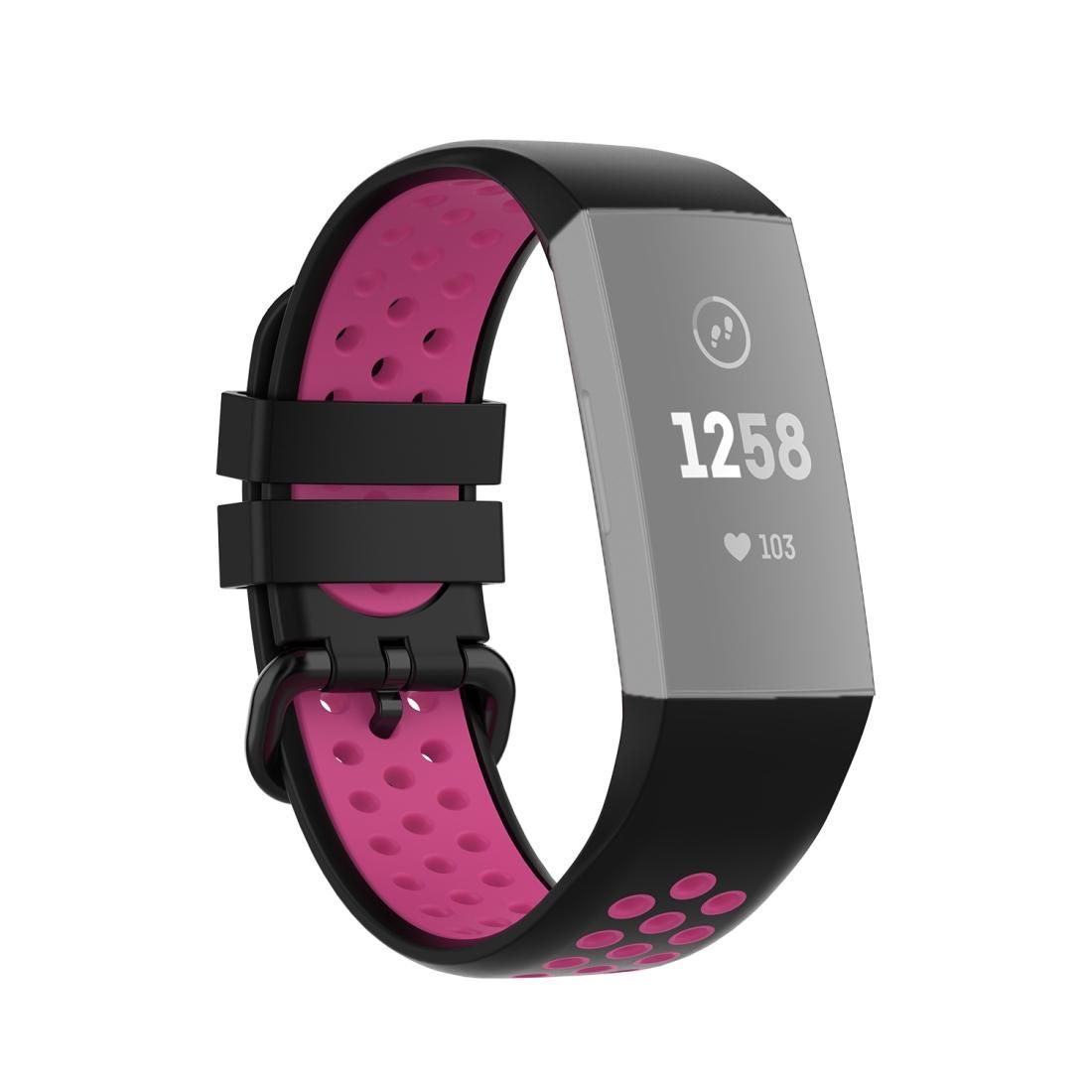 For Fitbit Charge 4 / Charge 3 / Charge 3 SE Watch Button Two Colors Silicone Replacement Strap Watchband (Black Rose Red)