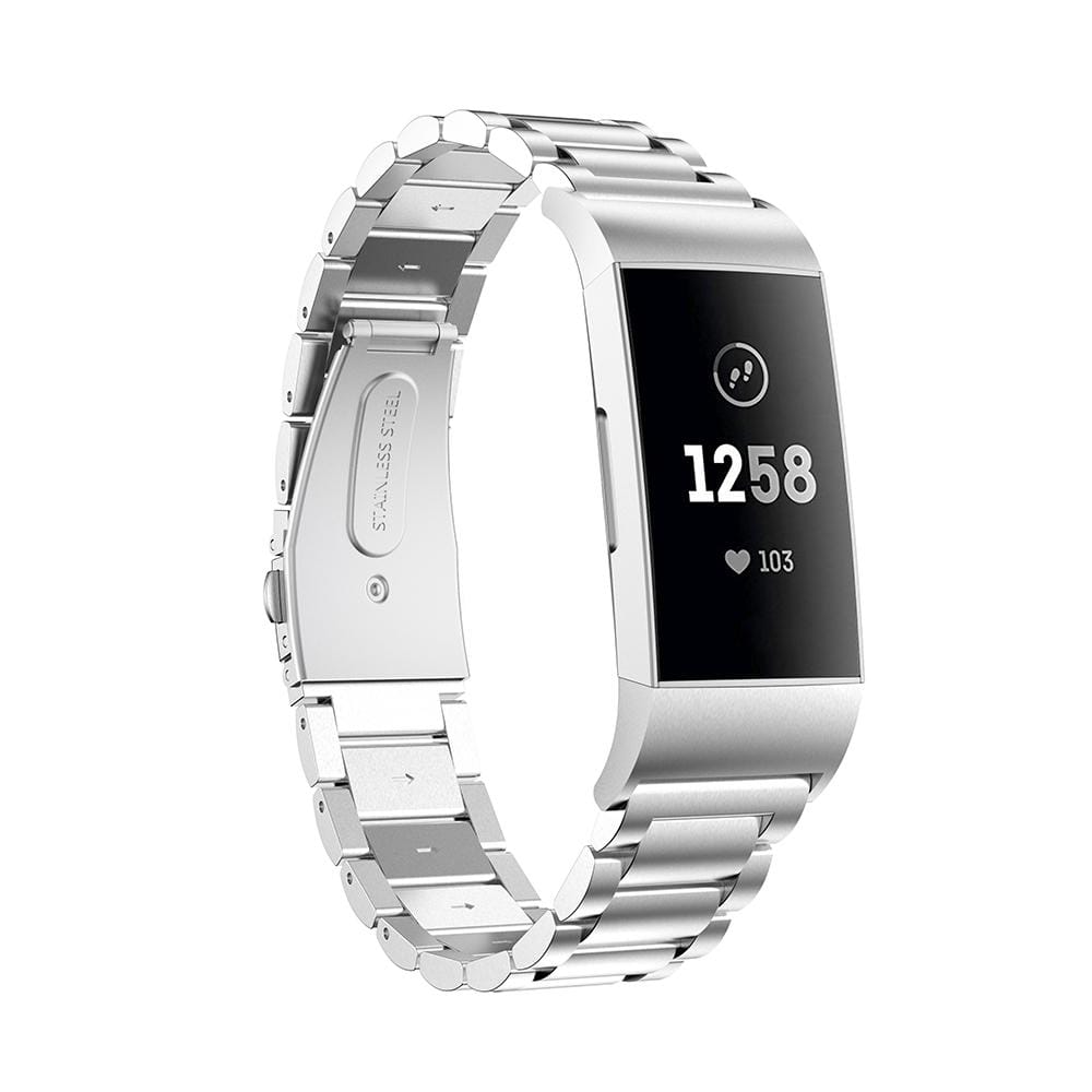 Three Beads Slingshot Buckle Solid Stainless Steel Wrist Strap Watch Band for Fitbit Charge 3 (Silver)