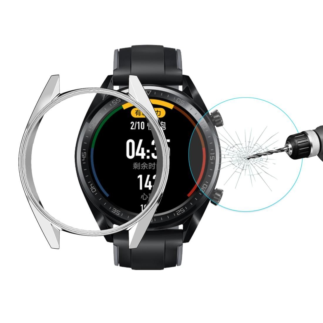 For HUAWEI Watch GT Classic / GT Active / GT Sport 46mm ENKAY Hat-prince 2 in 1 Full Coverage Electroplate TPU Case + 0.2mm 9H 2.15D Curved Edge Tempered Glass Film (Silver)