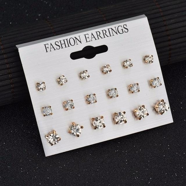 Square Crystal Stud Earrings Pearl Flower Earrings Set for Women (Gold Diamond)