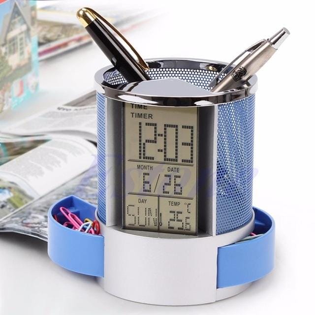Desk Mesh Pen Pencil Holder Perpetual Calendar Office Supplies Multifunctional Digital LED Pens Storage Box (Blue)