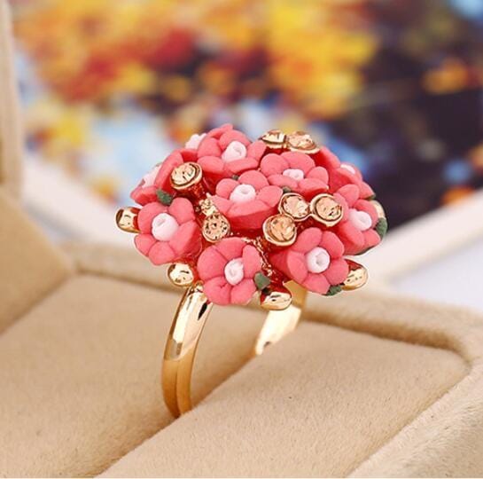 Fashion Ceramic Flower Ring for Women Adjustable Wedding Rings Jewelry (Red)