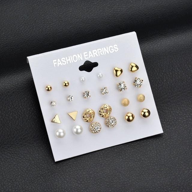 Square Crystal Stud Earrings Pearl Flower Earrings Set for Women (White Card Gold Color)