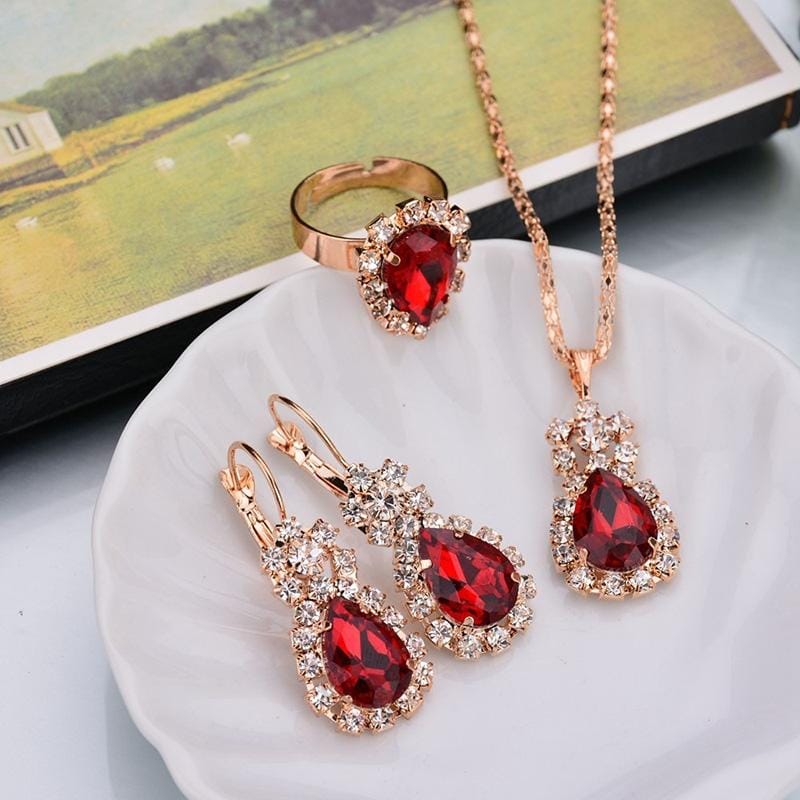 3 in 1 Gold Chain Water Drop Shape Crystal Earrings Necklace Adjustable Rings Set Women Jewelry Sets (Red)