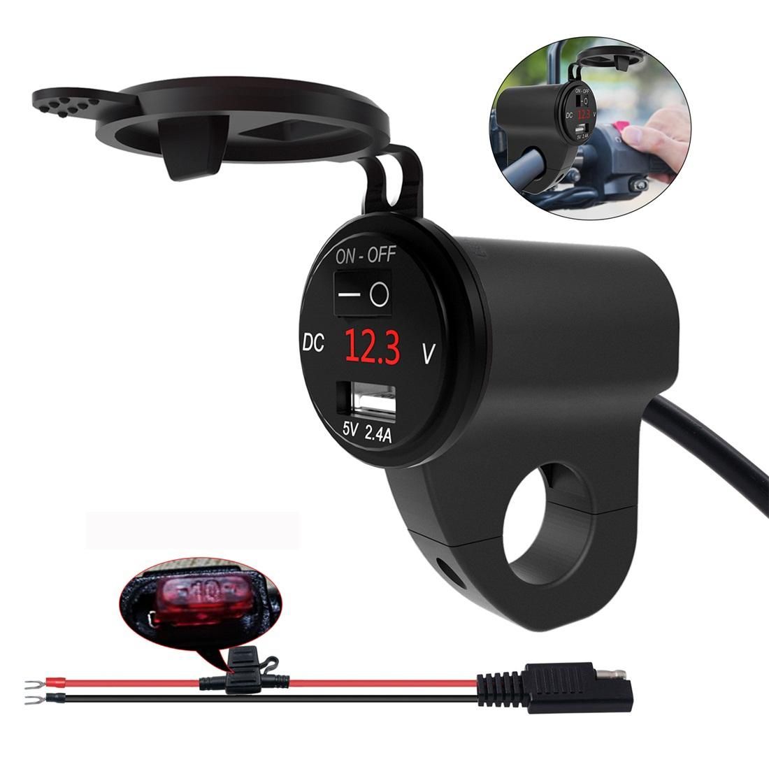 ZH-975B1 Motorcycle Aluminum Alloy Waterproof Mobile Phone Single USB Charger with Red Voltmeter (Black)