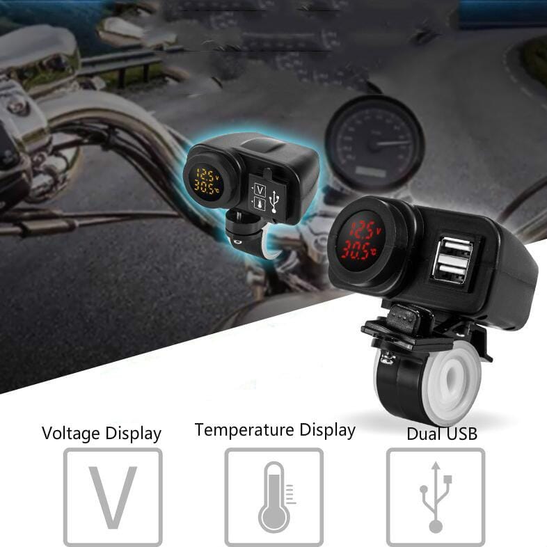 Motorcycle Car Mobile Phone Charger Waterproof Temperature Digital Display Charger with Switch (Red Light)