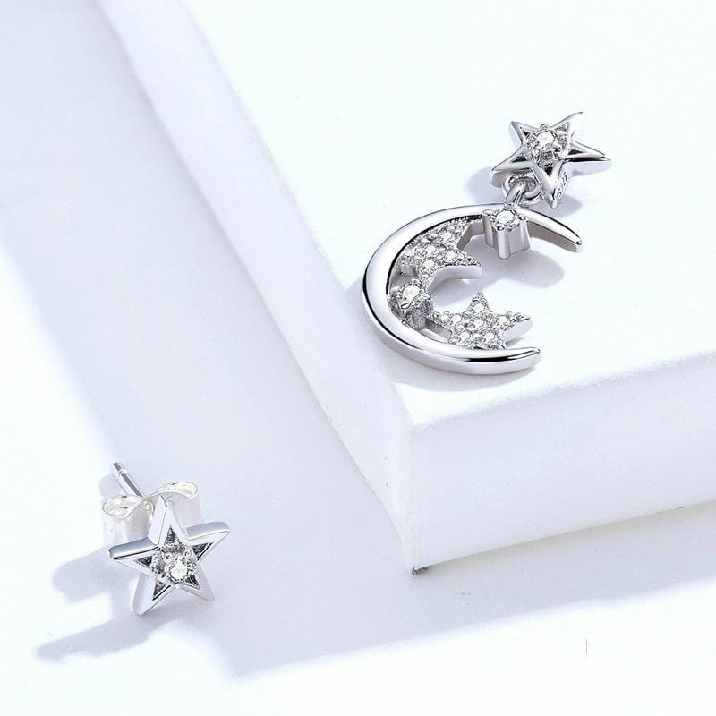 S925 Sterling Silver Bright Star And Moon White Gold Plated Zircon Asymmetric Earrings
