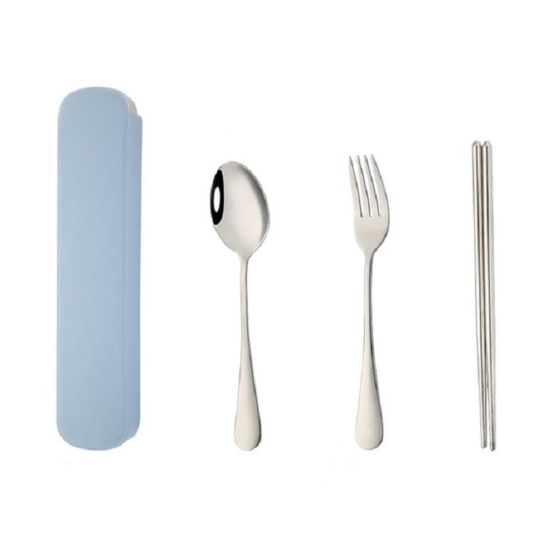 6 Boxes Stainless Steel Tableware Creative Portable Student Spoon Chopsticks Tableware Set, Style:3 PCS / Set (Blue)