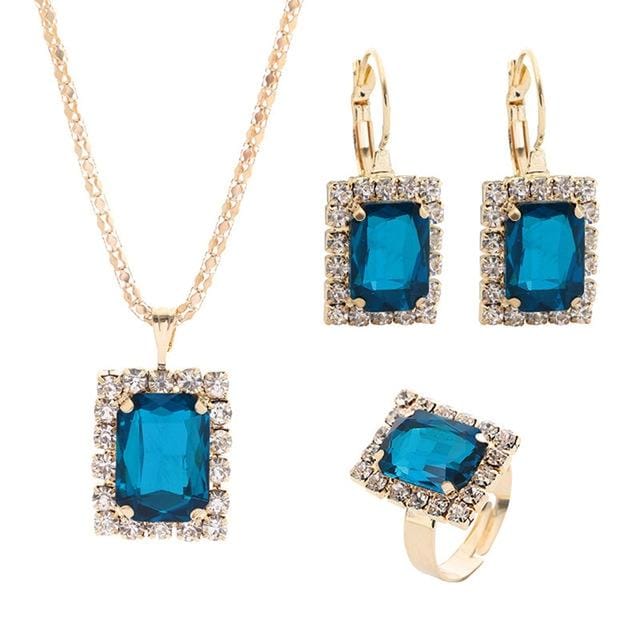 Square Crystal Necklace Earrings Ring For Women Jewelry Sets (Lake Blue)