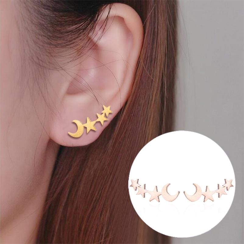Simple Moon Star Stud Earrings for Women Birthday Gift Jewelry (Rose Gold )