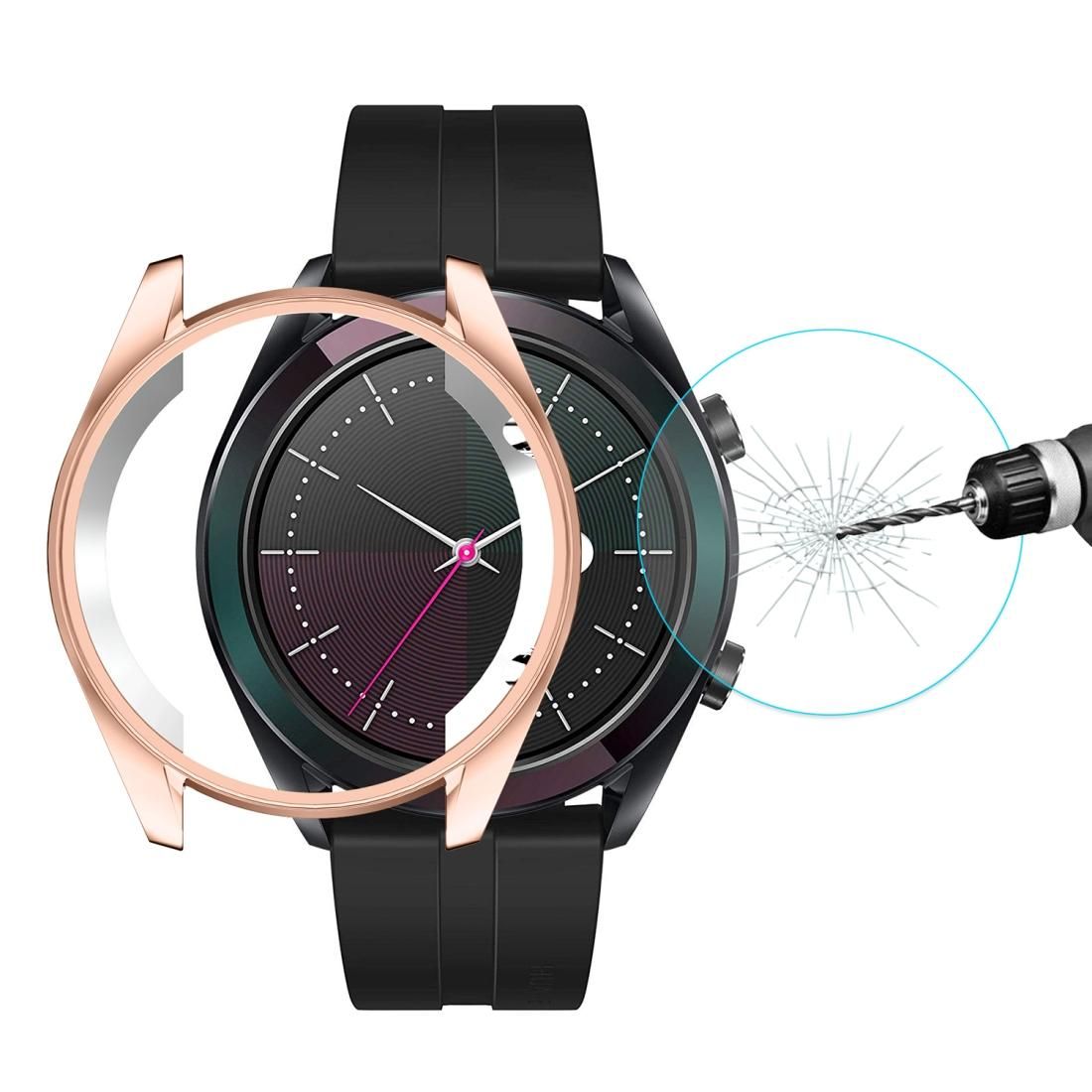 For HUAWEI Watch GT Elegant 42mm ENKAY Hat-prince 2 in 1 Full Coverage Electroplate TPU Case + 0.2mm 9H 2.15D Curved Edge Tempered Glass Film (Rose Gold)