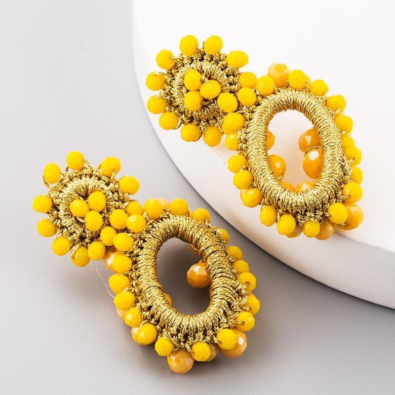 Hand-woven Bohemian Womens Earrings Hollow Oval String Rice Bead Earrings (Red)