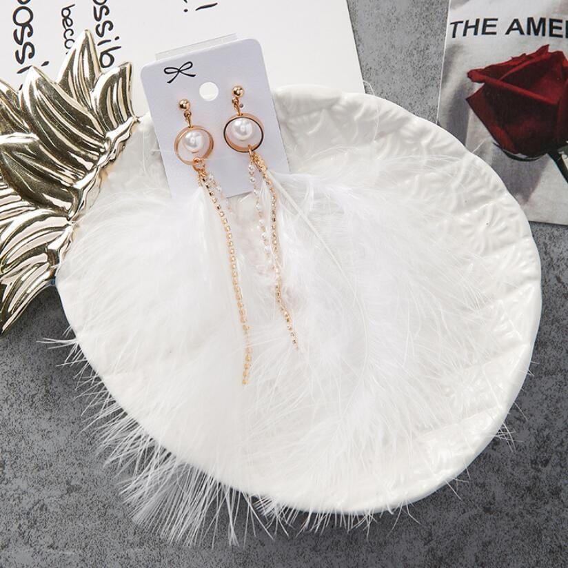 Fashion Sweet Feather Simulated Pearls Tassel Rhinestone Chains Long Dangle Earring for Women Jewelry (White)