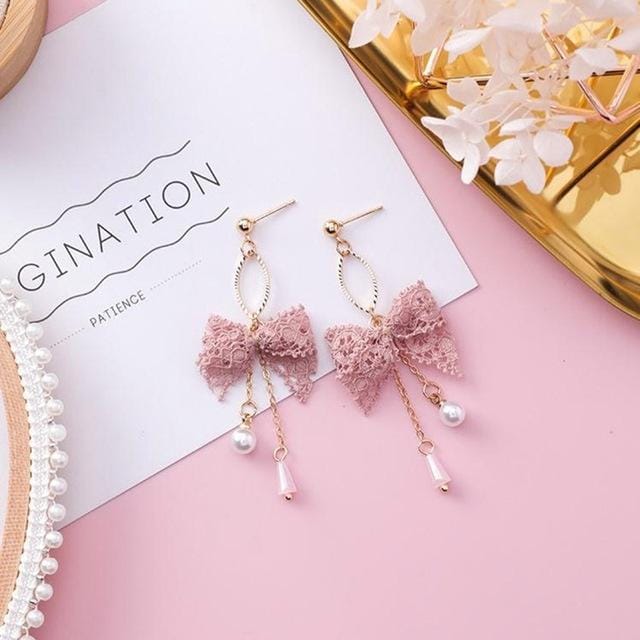 Cute Lace Bow-knot Tassel Pearl Earrings Jewelry (Pink)