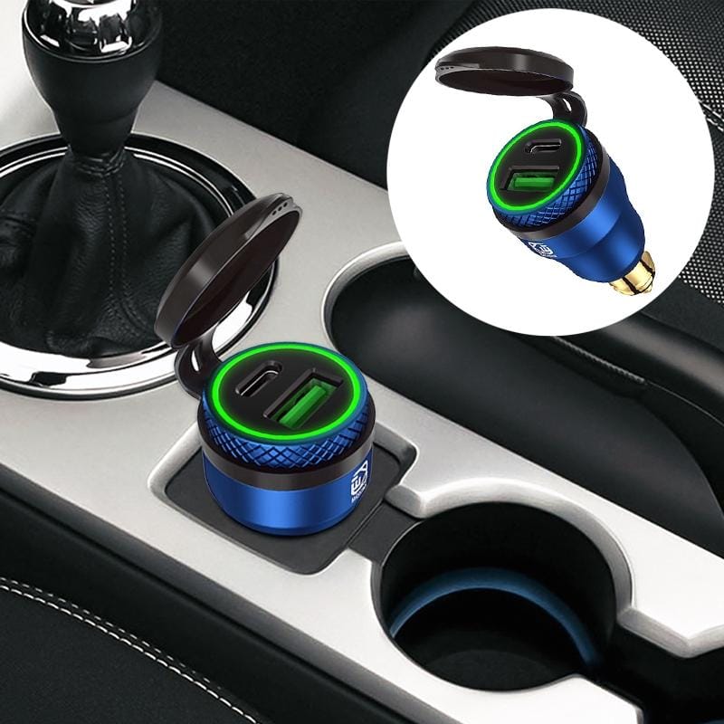 Motorcycle European-style Small-caliber Aluminum Alloy QC 3.0 + PD Fast Charge USB Charger, Shell Color:Blue (Green Light)