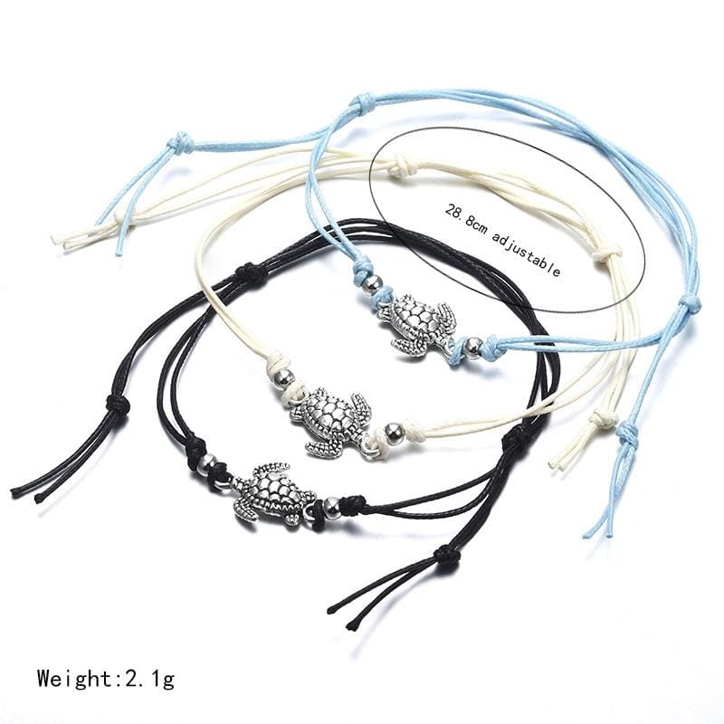 3 PCS Summer Beach Turtle Shaped Charm Rope String Anklets Women Ankle Bracelet (White)