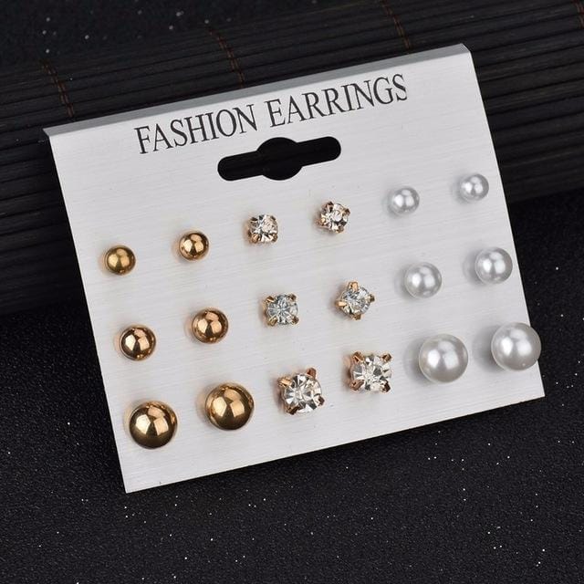 Square Crystal Stud Earrings Pearl Flower Earrings Set for Women (Mixed Gold)