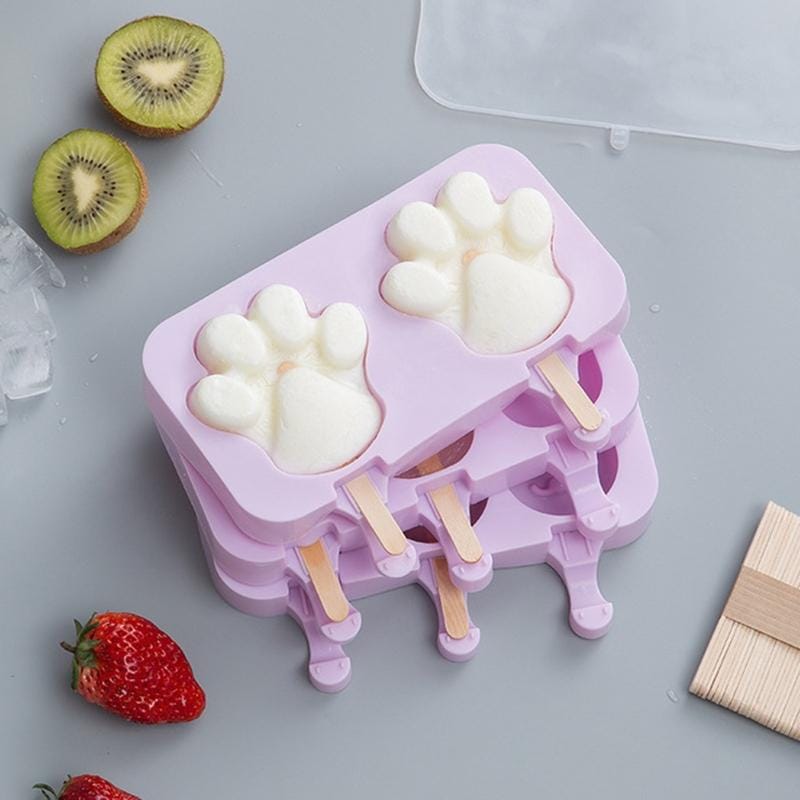 Silicone Cartoon Children Homemade Popsicle Ice Cream Mold Set with Wooden Sticks (Cat Claw)