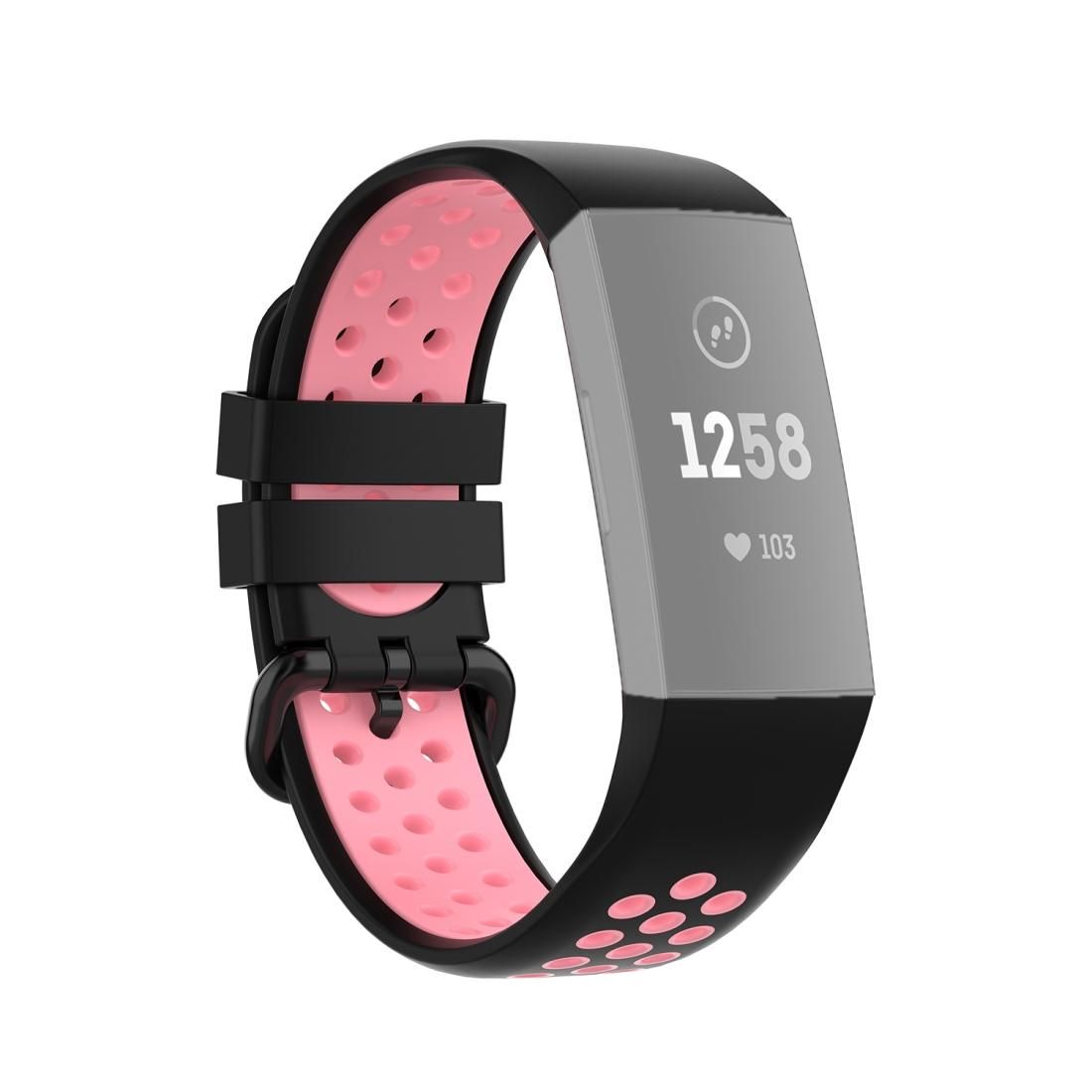 For Fitbit Charge 4 / Charge 3 / Charge 3 SE Watch Button Two Colors Silicone Replacement Strap Watchband (Black Pink)