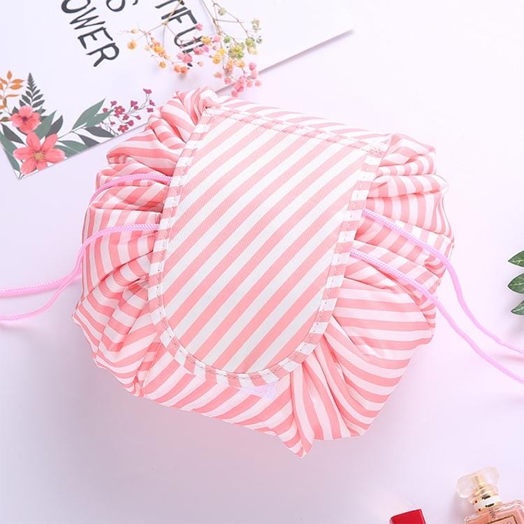 Fashion Waterproof Large Capacity Quick Drawstring Makeup Jewelry Storage Bag Women Travel Cosmetic Bag Toiletry Tool Kit (Pink stripe)