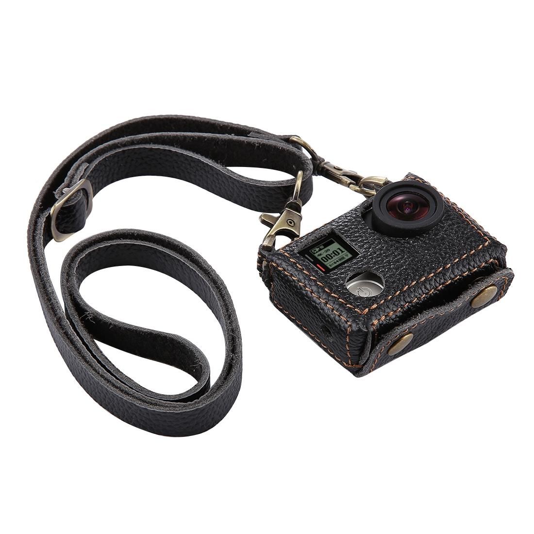 PULUZ for GoPro HERO4 Litchi Texture Genuine Leather Housing Case with Set Key Hole & Neck Strap & 40.5mm UV Lens (Brown)