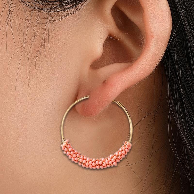 Women Hoop Earrings Ethnic Vintage Bead Boho Earrings Statement Jewelry (pink)