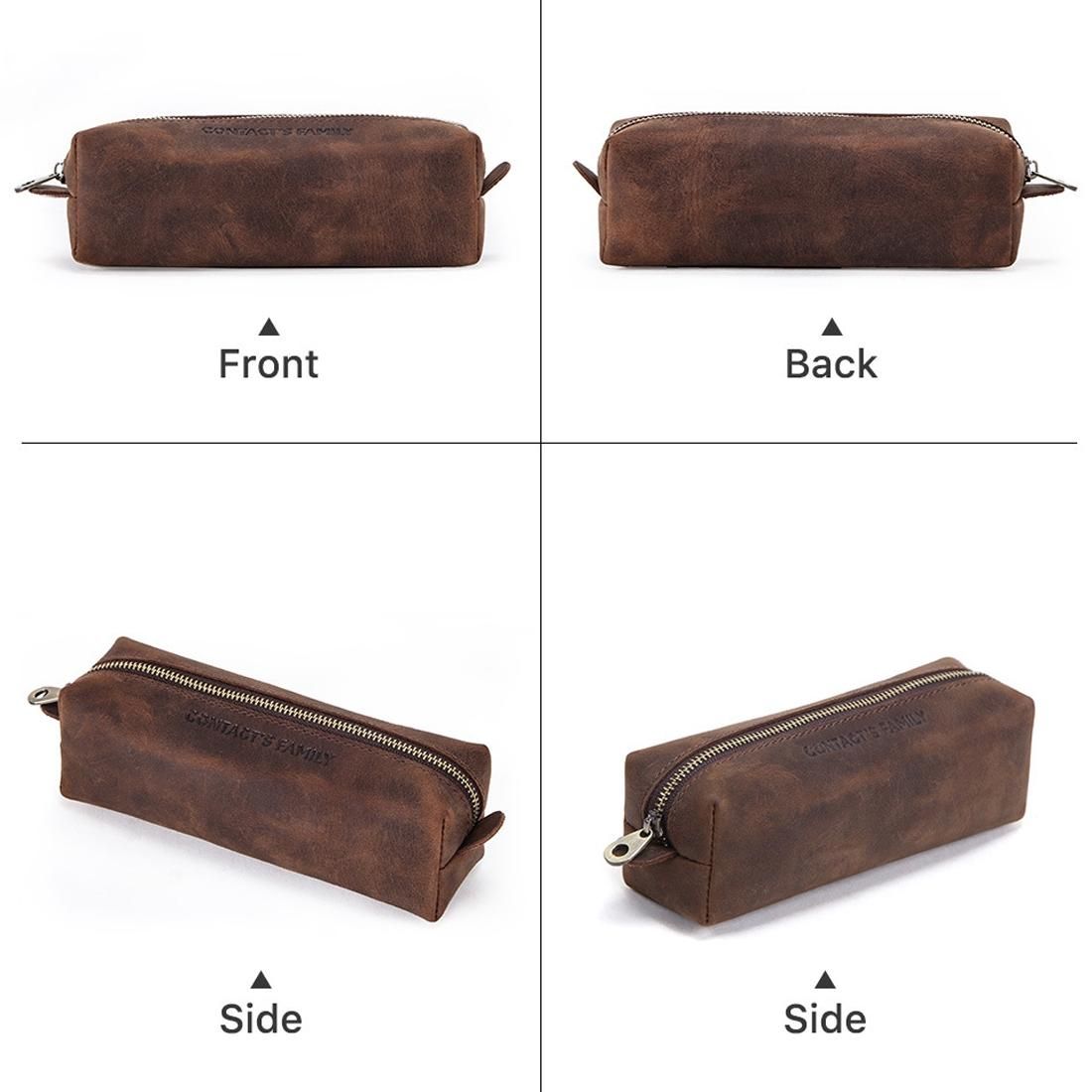 CONTACTS FAMILY CF9001 Simple Retro Crazy Horse Leather Zipper Pencil Case Pen Bag (Coffee)