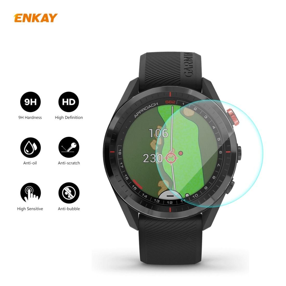 For Garmin Approach S62 2 PCS ENKAY Hat-Prince 0.2mm 9H 2.15D Curved Edge Tempered Glass Screen Protector Watch Film