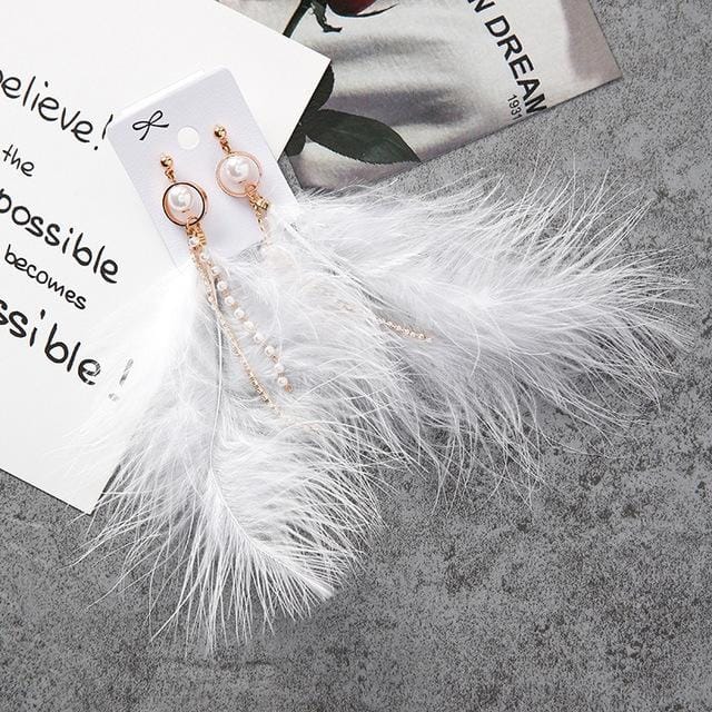 Fashion Sweet Feather Simulated Pearls Tassel Rhinestone Chains Long Dangle Earring for Women Jewelry (White)
