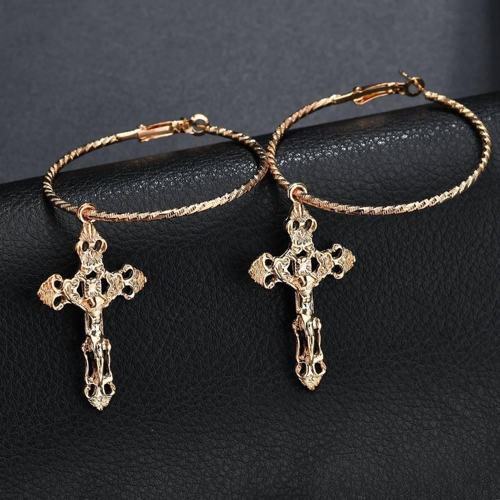 Punk Hyperbole Fashion Cross Pendant Big Circle Earring Jewelry (Silver )