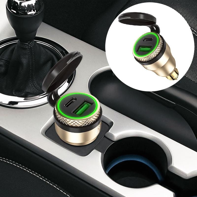 Motorcycle European-style Small-caliber Aluminum Alloy QC 3.0 + PD Fast Charge USB Charger, Shell Color:Gold (Green Light)