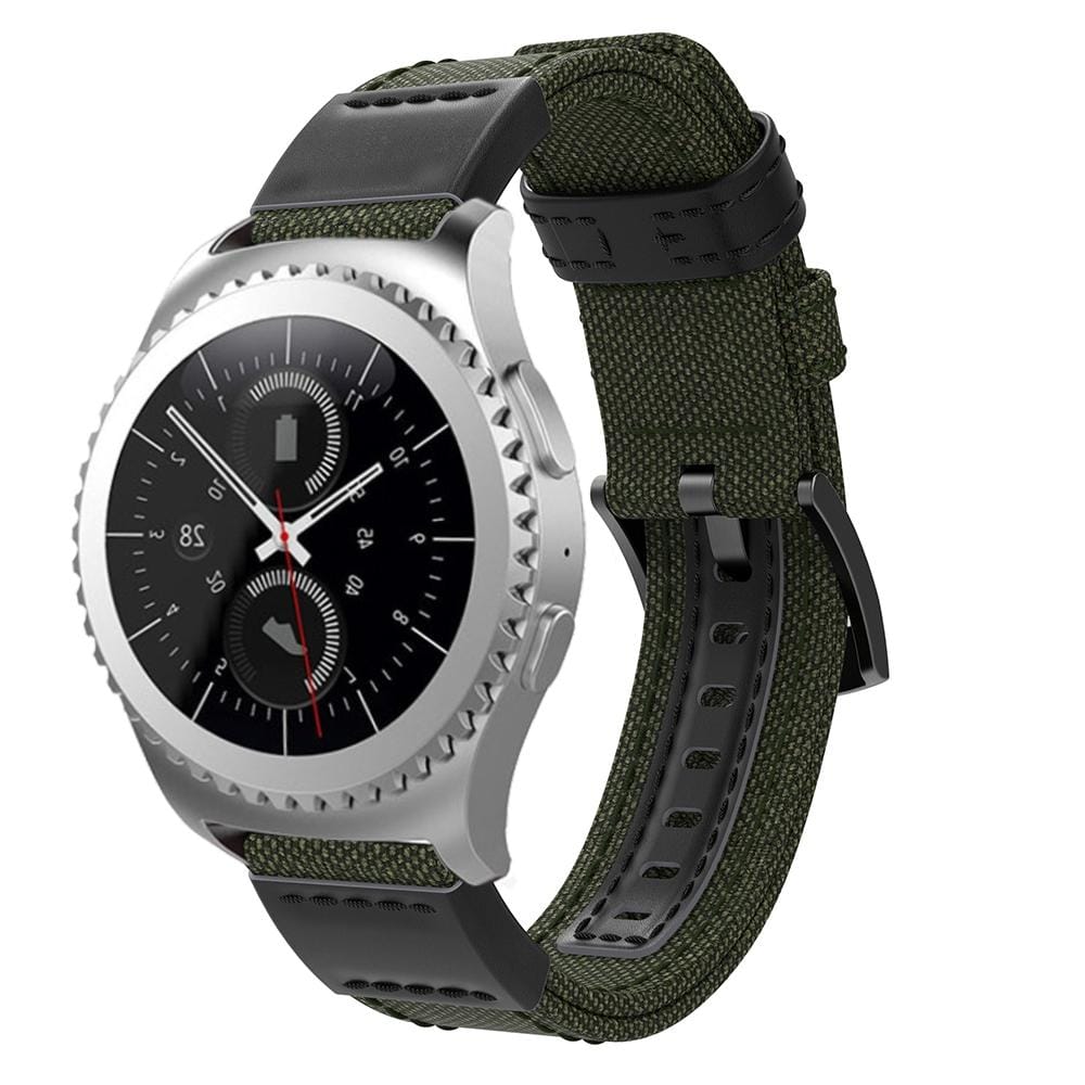 Canvas and Leather Wrist Strap Watch Band for Samsung Gear S2/Galaxy Active 42mm, Wrist Strap Size:135+96mm (Army Green)