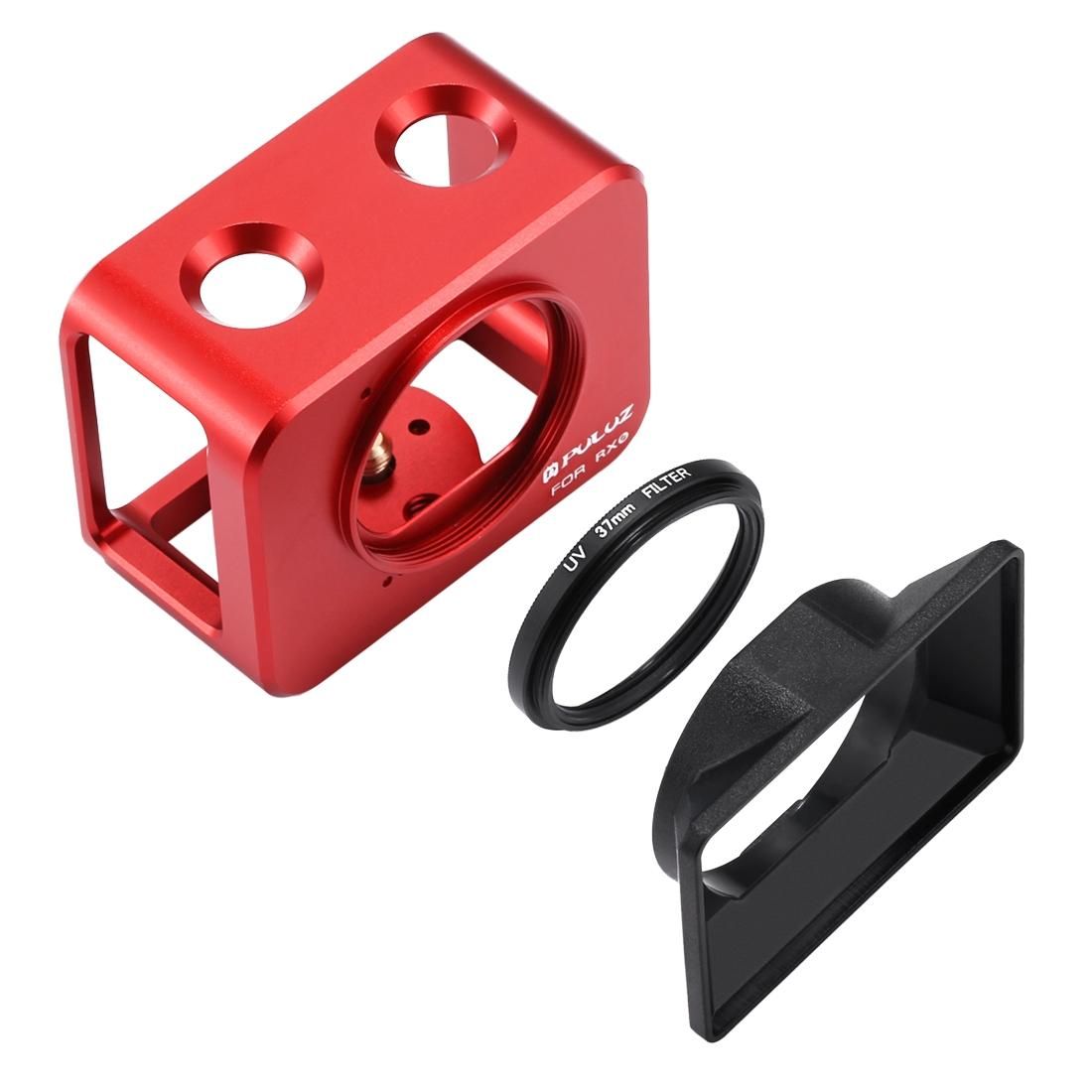 PULUZ for Sony RX0 Aluminum Alloy Protective Cage + 37mm UV Filter Lens + Lens Sunshade with Screws and Screwdrivers (Red)