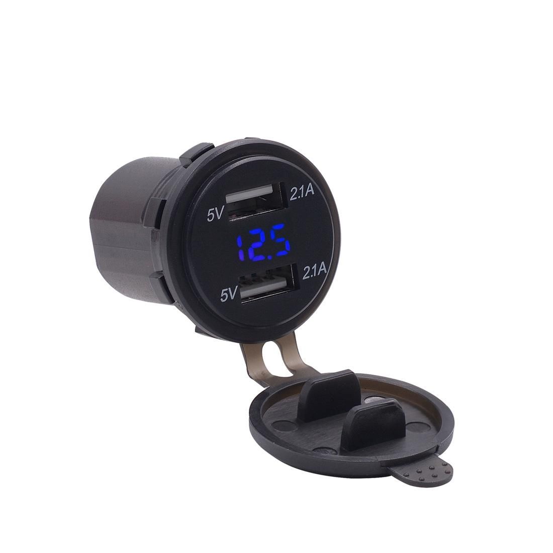 Motorcycle Waterproof 12-24V 2.1A Dual USB Charger Adapter + Voltmeter (Blue Light)