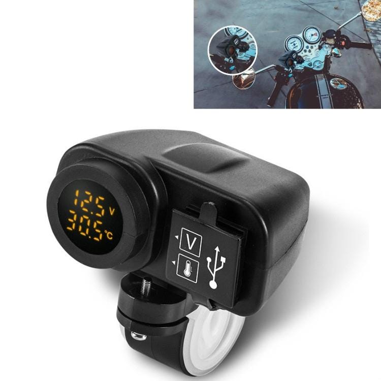 Motorcycle Car Mobile Phone Charger Waterproof Temperature Digital Display Charger with Switch (Yellow Light)