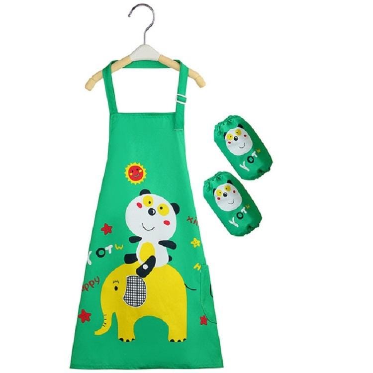 Cartoon Bear Waterproof Apron Disposable Wash Clothes for Children with Oversleeve (Green)