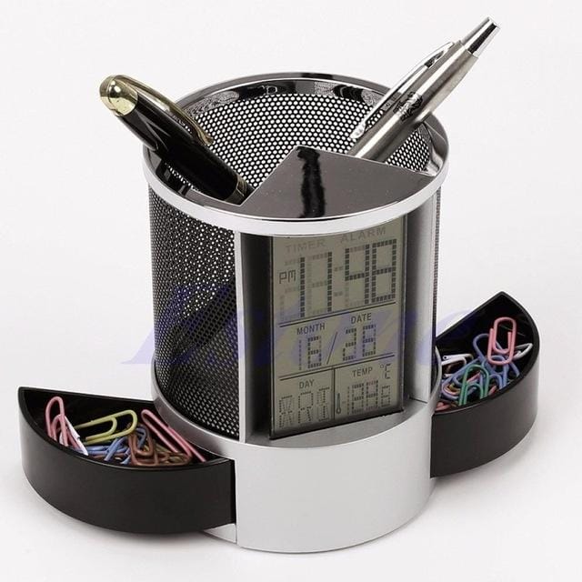 Desk Mesh Pen Pencil Holder Perpetual Calendar Office Supplies Multifunctional Digital LED Pens Storage Box (Black)
