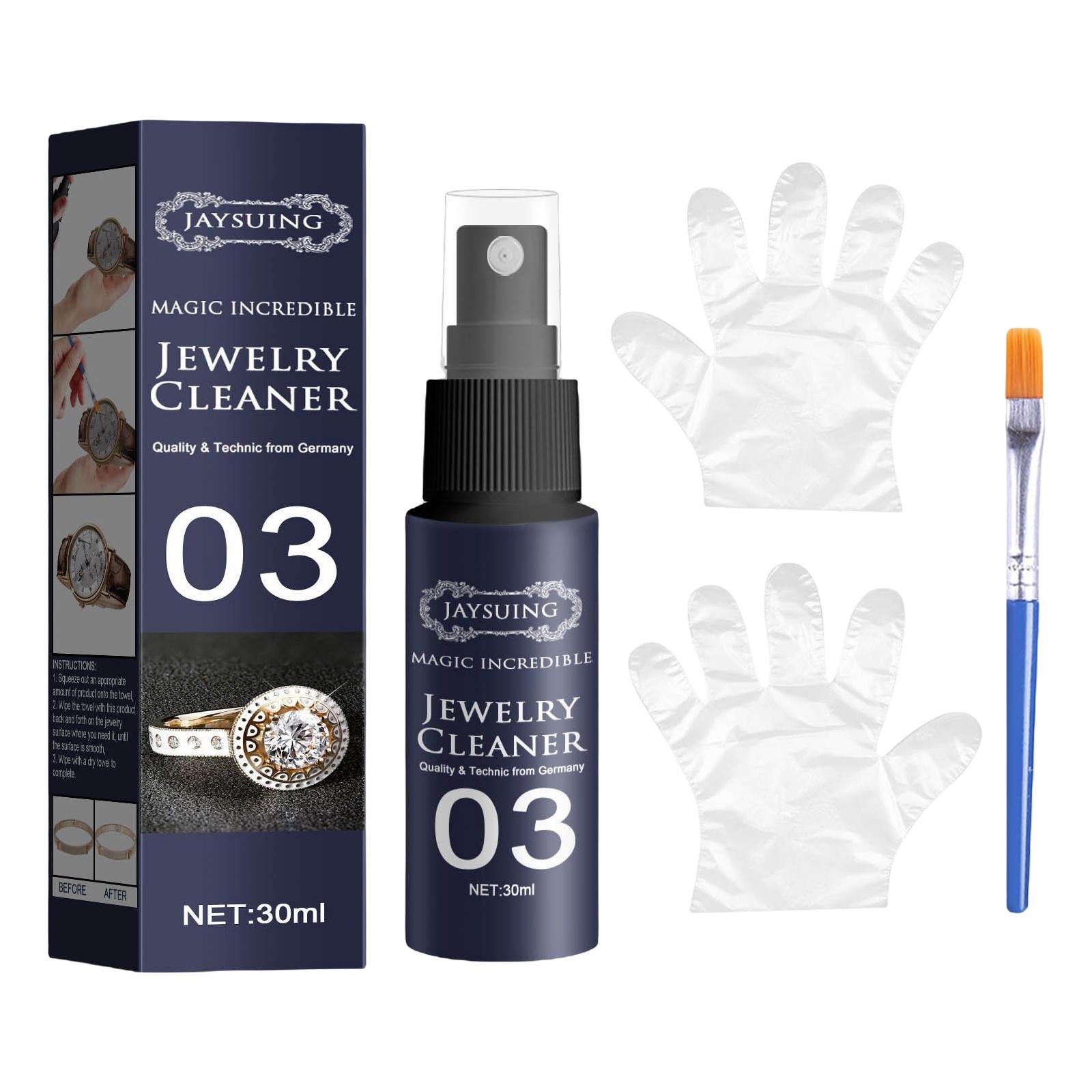 Jewelry Cleaner Cleaning Spray Stain Free for Necklace Silver Earrings Watch 30mlwith Glove Brush