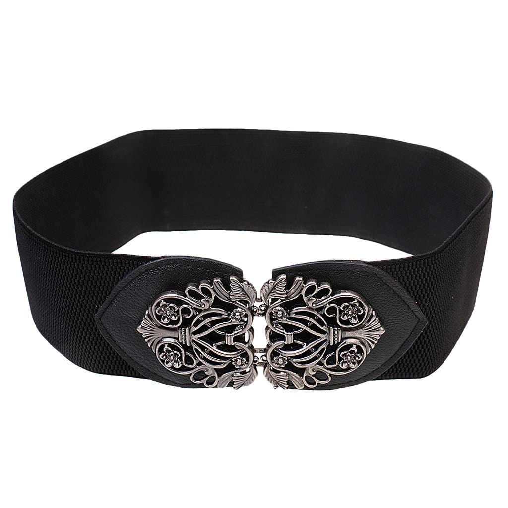 Womens Ladies PU Leather Wide Elastic Buckle waist belt Black