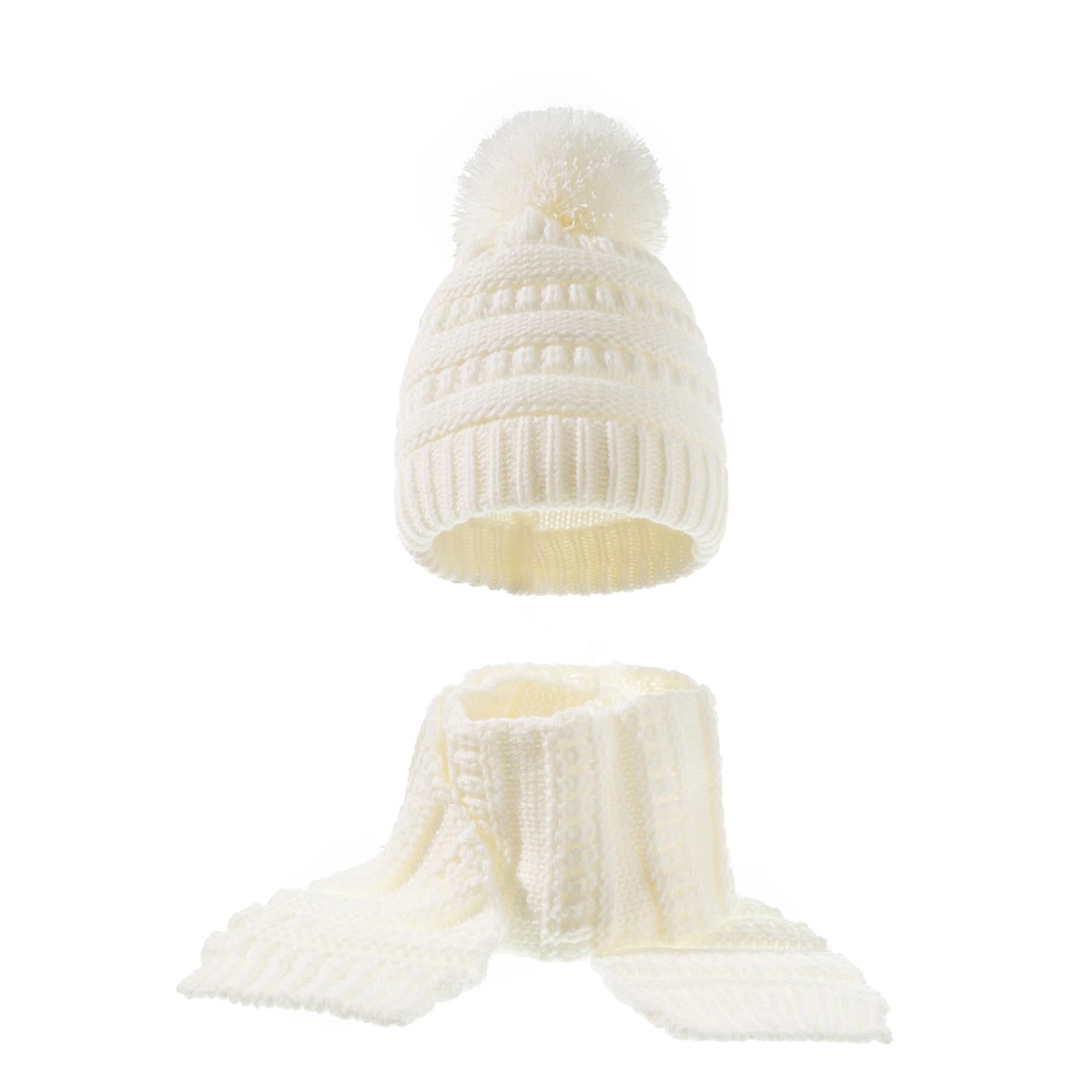 2Pcs Baby Winter Warm Hat Kids Knit Beanie Scarf Set Windproof White 2PCS