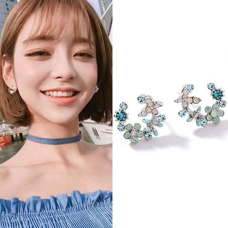 Rhinestone Wreath Stud Earrings For Women Sweet Flower Shell Small Cirlce Jewelry (blue Flora half circle)