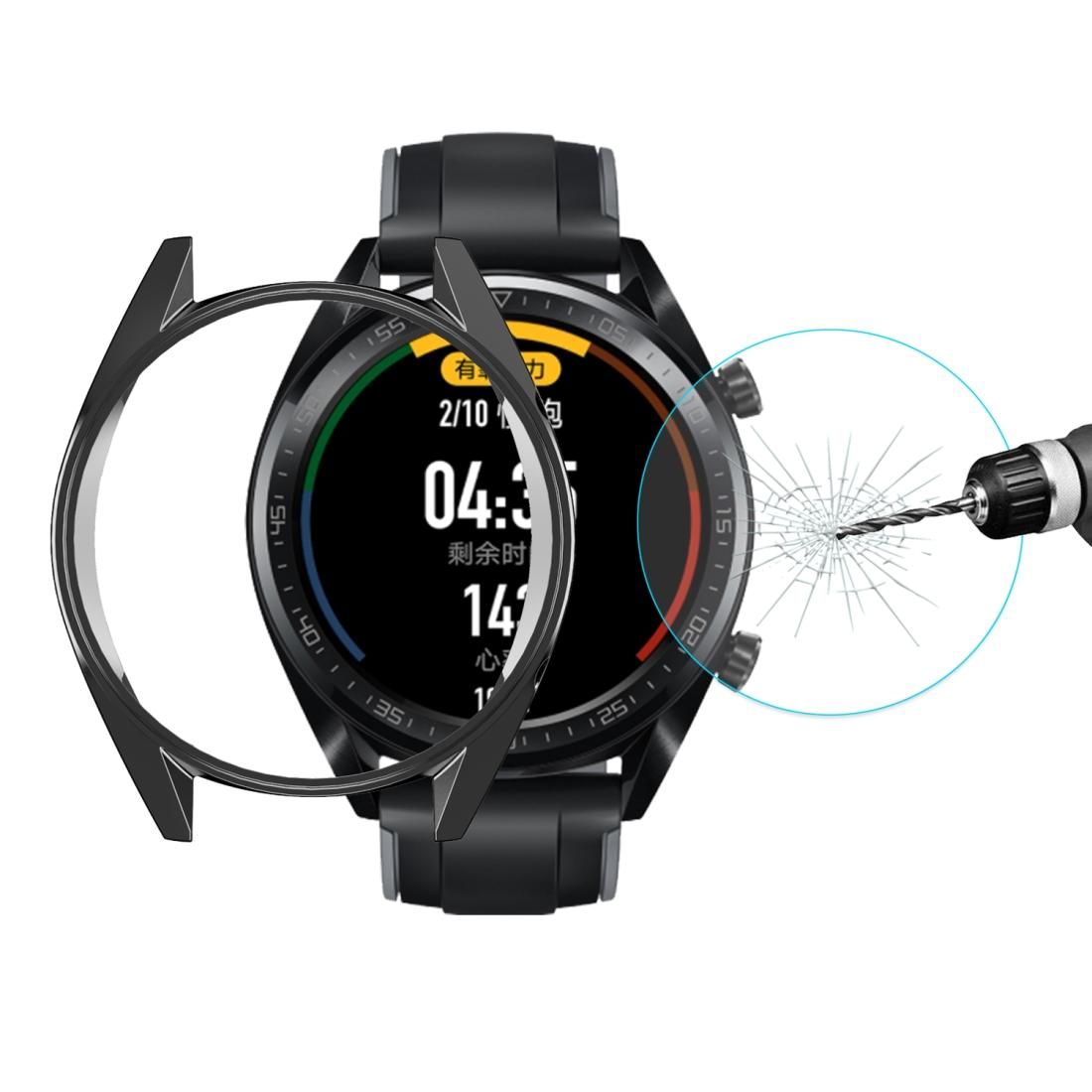 For HUAWEI Watch GT Classic / GT Active / GT Sport 46mm ENKAY Hat-prince 2 in 1 Full Coverage Electroplate TPU Case + 0.2mm 9H 2.15D Curved Edge Tempered Glass Film (Black)